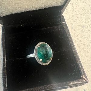 Damaged Natural Emerald and Diamond Engagement Ring